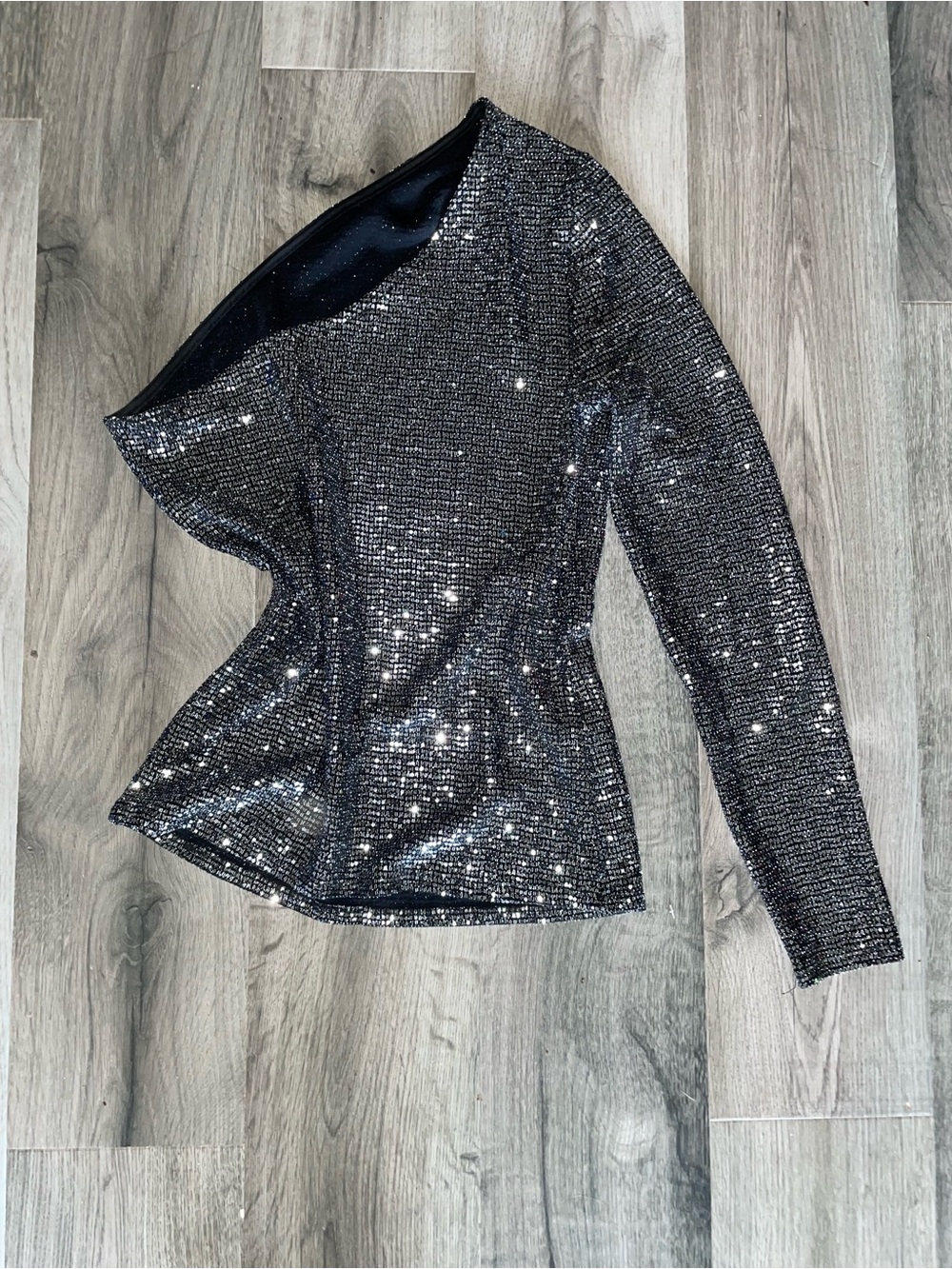 Eclipse Black Silver Sequin One-Shoulder Long-Sleeve Top
